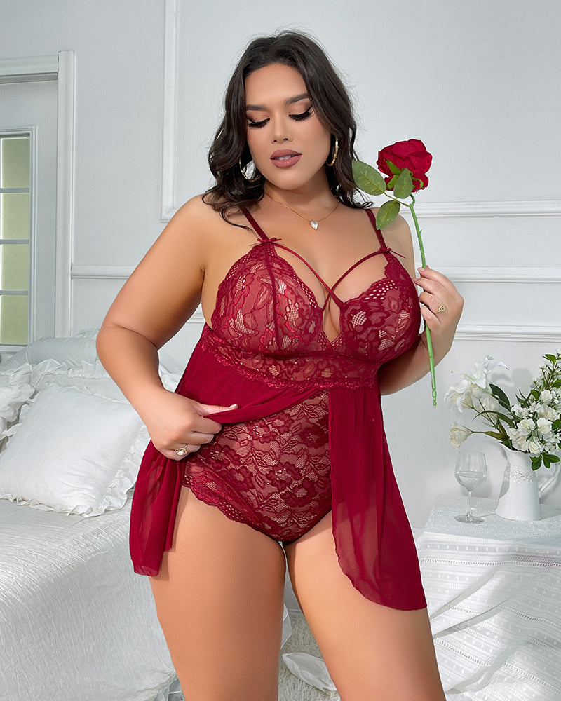 Plus Size Burgundy Lace Nighty with Floral Lace Cups and Mesh Skirt, elegant lingerie