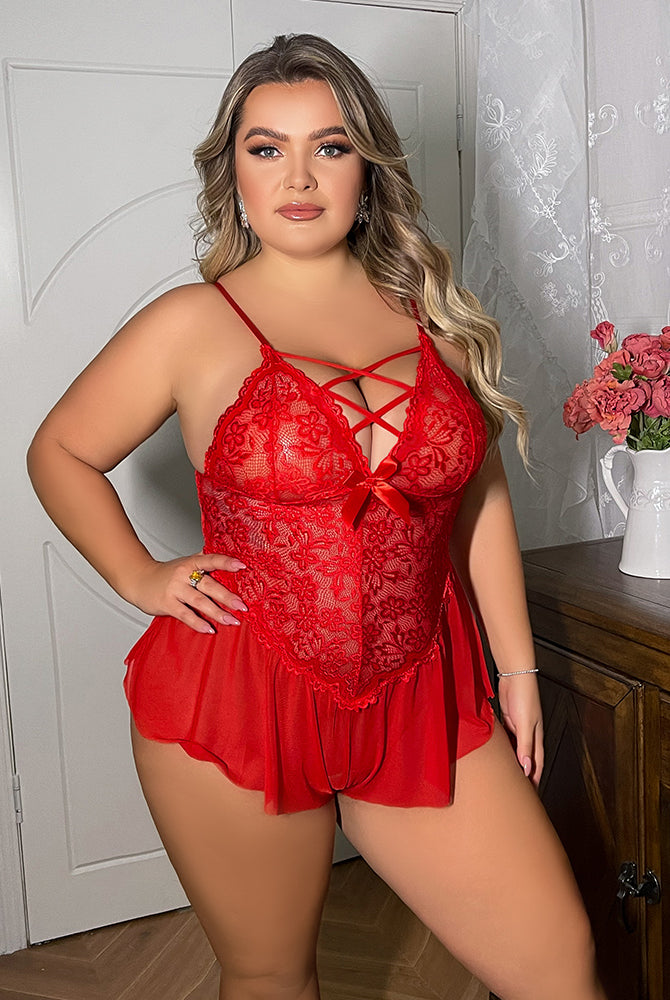 Plus Size Red Lace Bodysuit Lingerie with Floral Design and Adjustable Straps