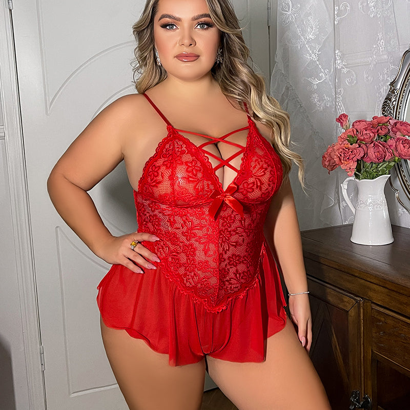 Plus Size Red Lace Bodysuit Lingerie with Floral Design and Adjustable Straps