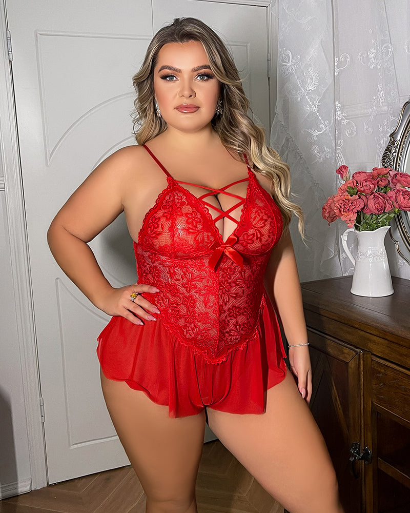 Plus Size Red Lace Bodysuit Lingerie with Floral Design and Adjustable Straps