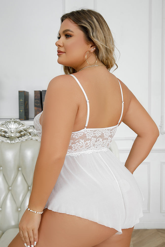 Plus Size White Mesh Sheer Bodysuit Lingerie with Lace Trim and Adjustable Straps