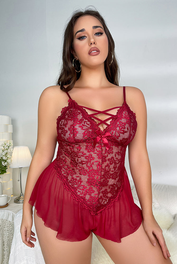 Plus Size Burgundy Lace Bodysuit Lingerie with Floral Design and Adjustable Straps