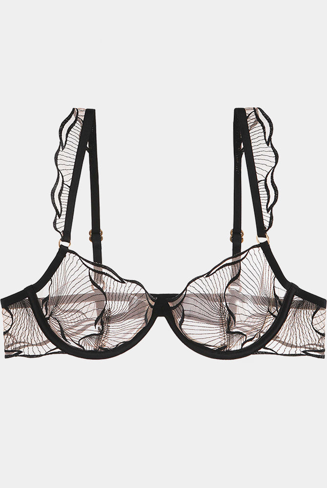 Black lace ruffle shoulder strap bra. Adjustable, underwire, for B and C cups. Sexy lingerie.