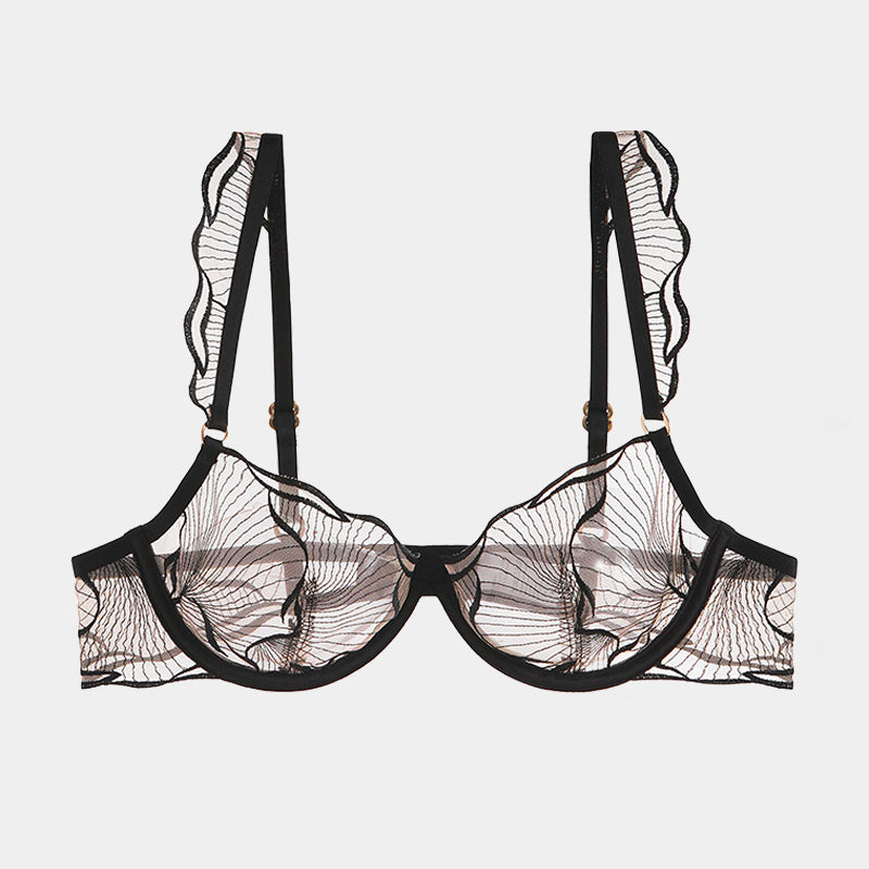 Black lace ruffle shoulder strap bra. Adjustable, underwire, for B and C cups. Sexy lingerie.