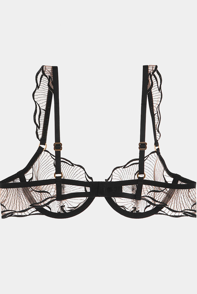 Black ruffle shoulder strap bra with lace detailing, adjustable straps, and underwire for B/C cups.