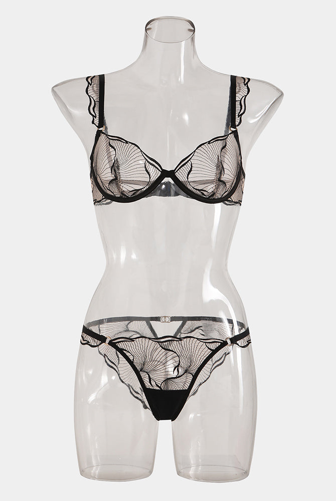 Black lace ruffle strap bra and panty set, underwire support, comfortable fit, for B and C cups.