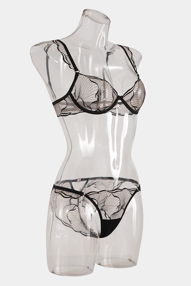 Avidlove black lace Ruffle Strap Bra and Panty Set, adjustable straps, cups B and C