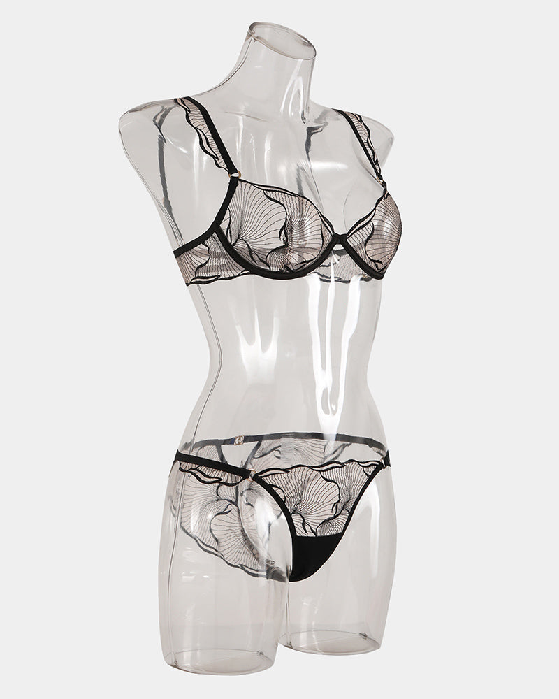 Avidlove black lace Ruffle Strap Bra and Panty Set, adjustable straps, cups B and C