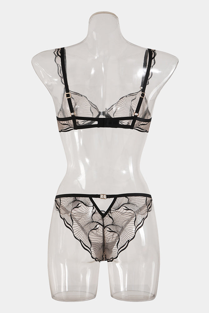 Black lace Avidlove Ruffle Strap Bra and Panty Set, see-through lingerie, adjustable straps