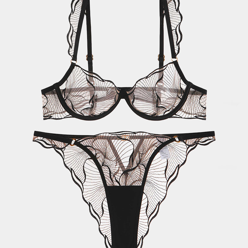 Black Ruffle Strap Bra and Panty Set, see-through lace lingerie, Avidlove