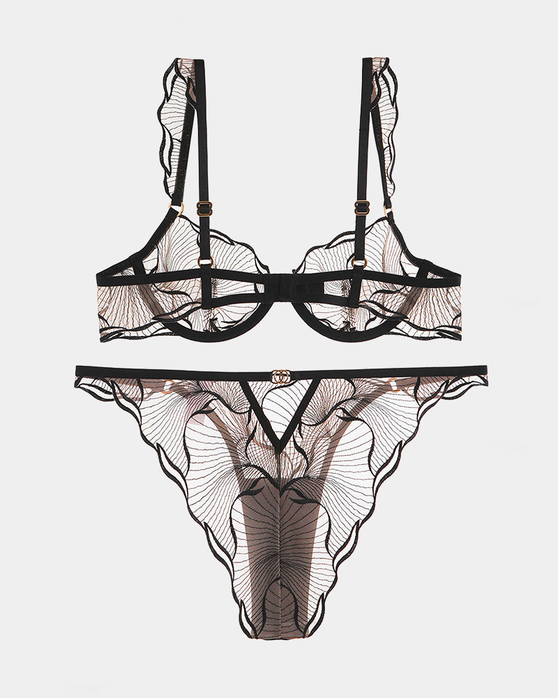 Black Ruffle Strap Bra and Panty Set, see-through lace lingerie, adjustable straps, Avidlove