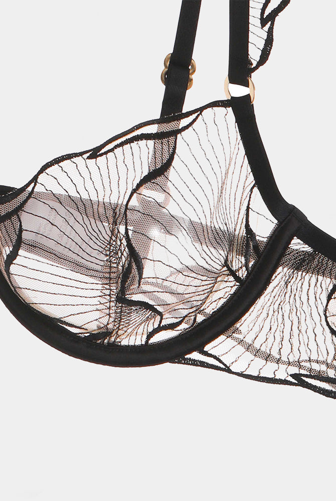 Black lace ruffle strap bra, see-through Avidlove lingerie, adjustable straps, cups B/C