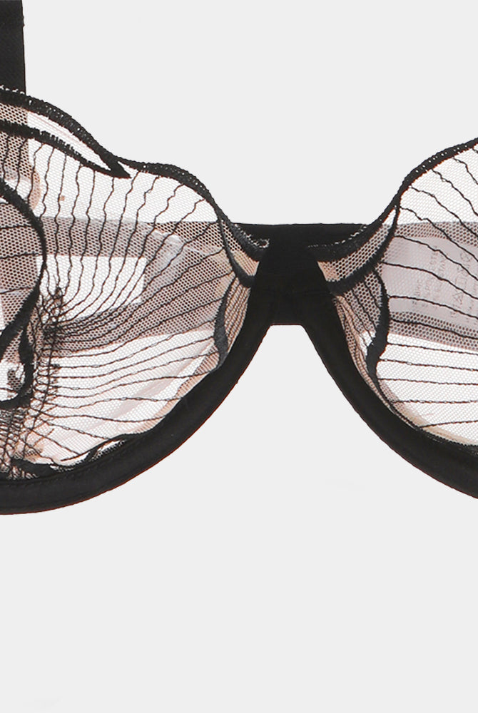 Black Avidlove lace Ruffle Strap Bra, adjustable straps, cups B/C, see-through lingerie