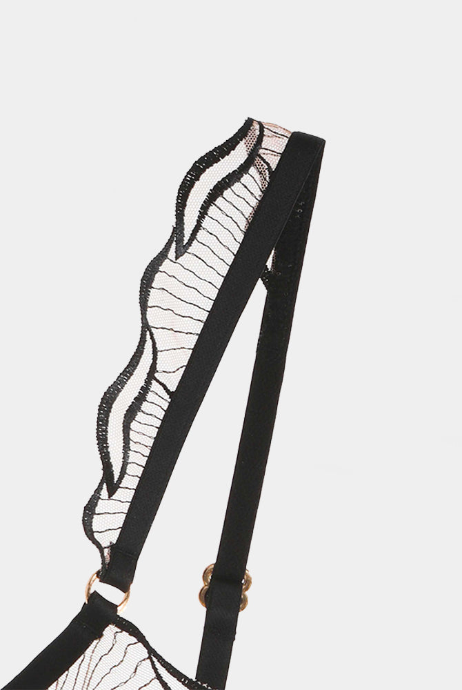 Black lace ruffle strap bra detail, adjustable straps, Avidlove lingerie