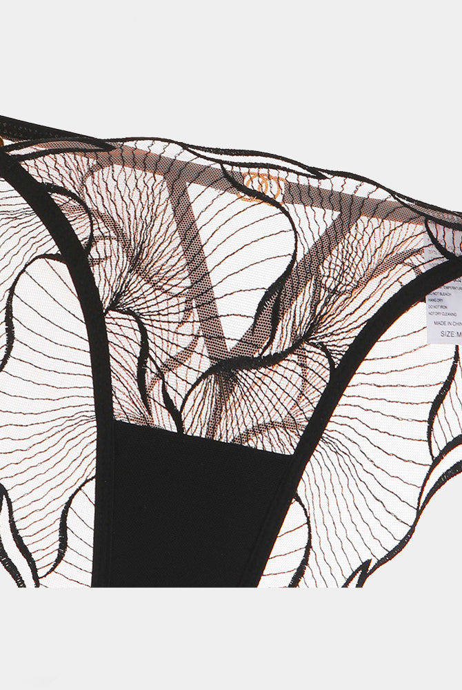 Black lace panty detail from Avidlove Ruffle Strap Set, featuring floral lace and adjustable straps.