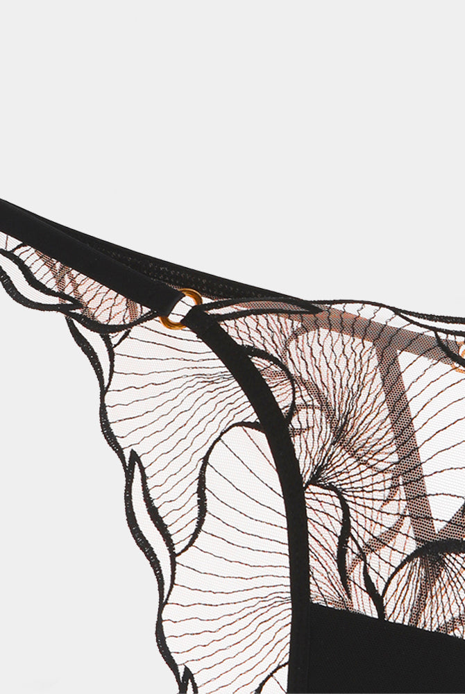 Black lace panty detail from Ruffle Strap Set, floral lace, adjustable straps, see-through lingerie