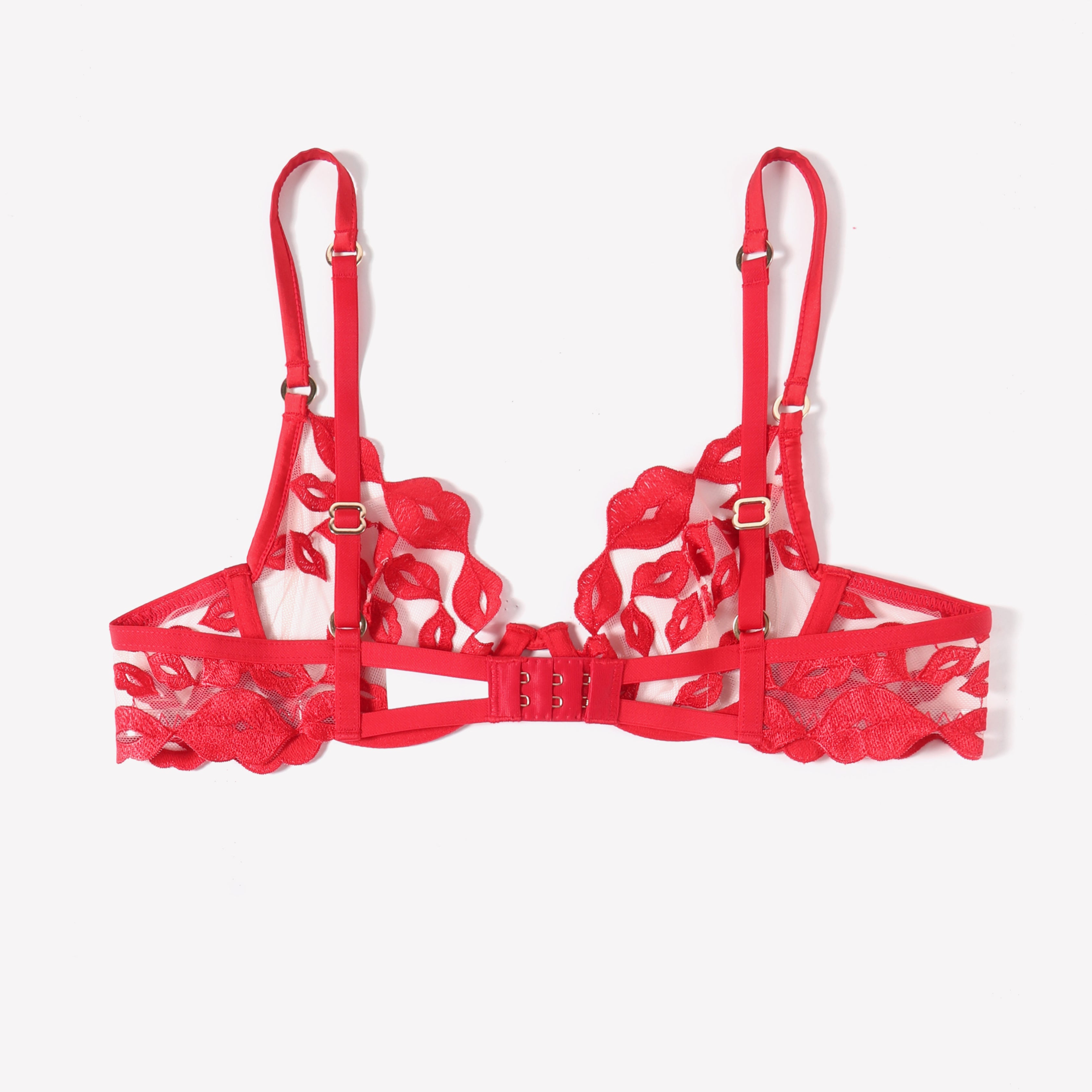 Red Kiss Print Embroidery Bra with adjustable straps and underwire support, sexy lingerie