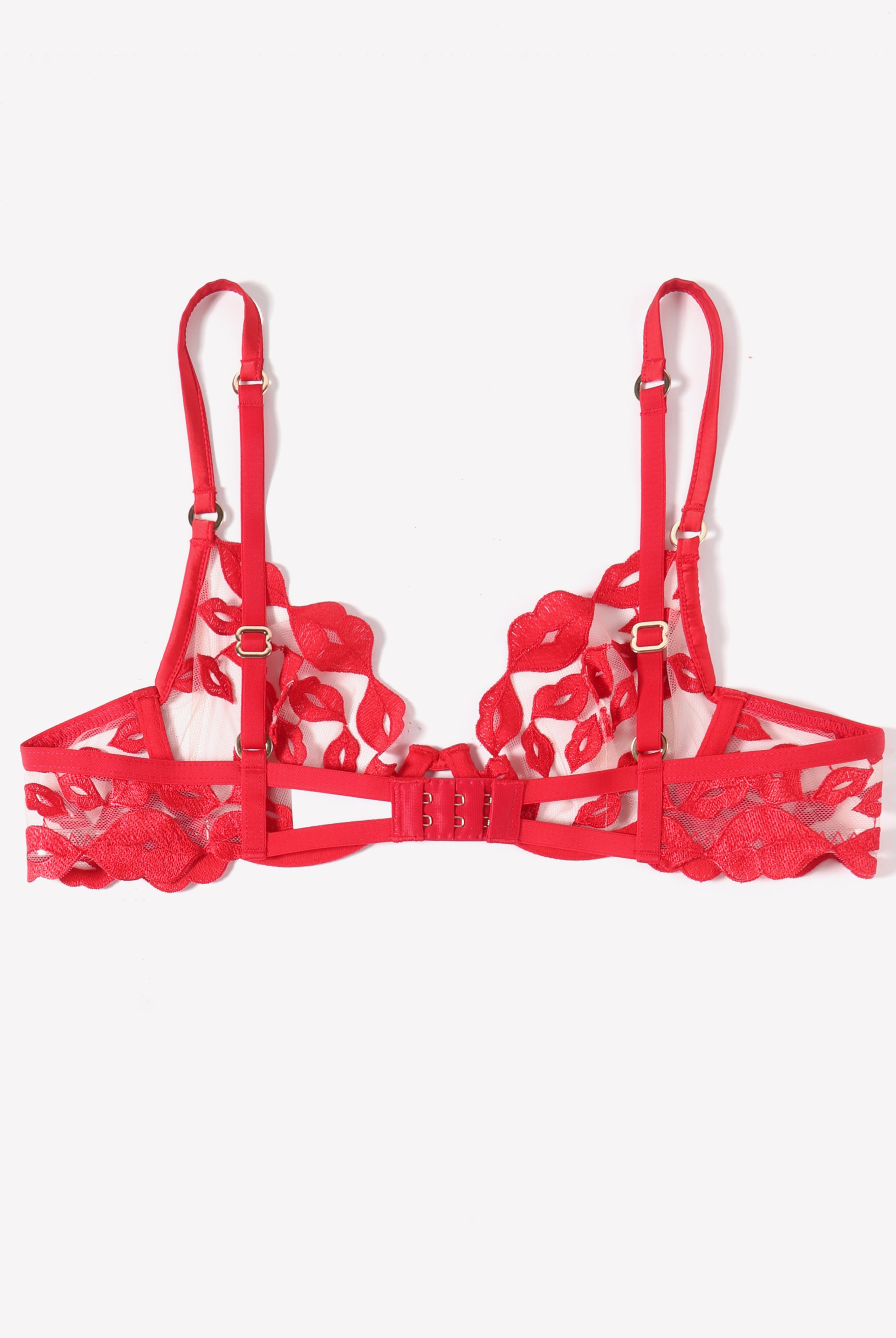 Red Kiss Print Embroidery Bra with adjustable straps and underwire support, sexy lingerie