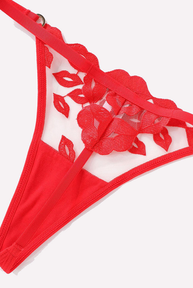 Red Kiss Print Embroidery Lingerie Thong with Adjustable Straps