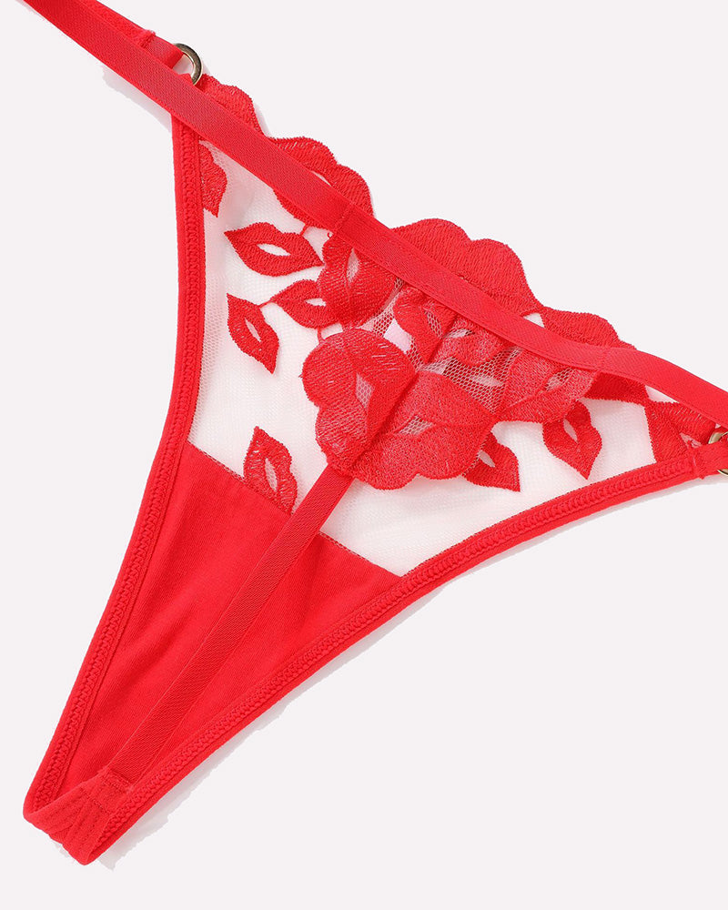 Red Kiss Print Embroidery Lingerie Thong with Adjustable Straps