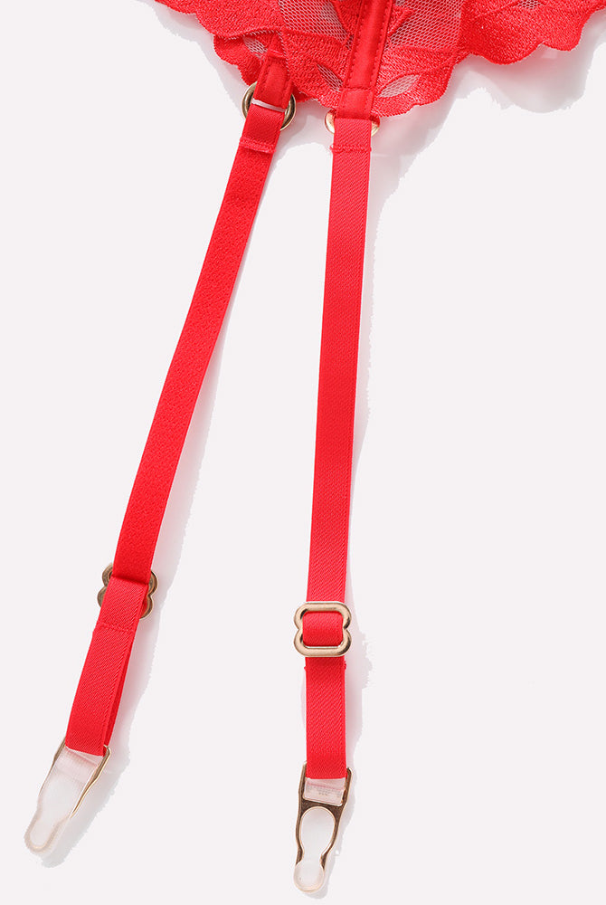 Red Kiss Print Embroidery Lingerie Set garter belt with adjustable straps and gold hardware