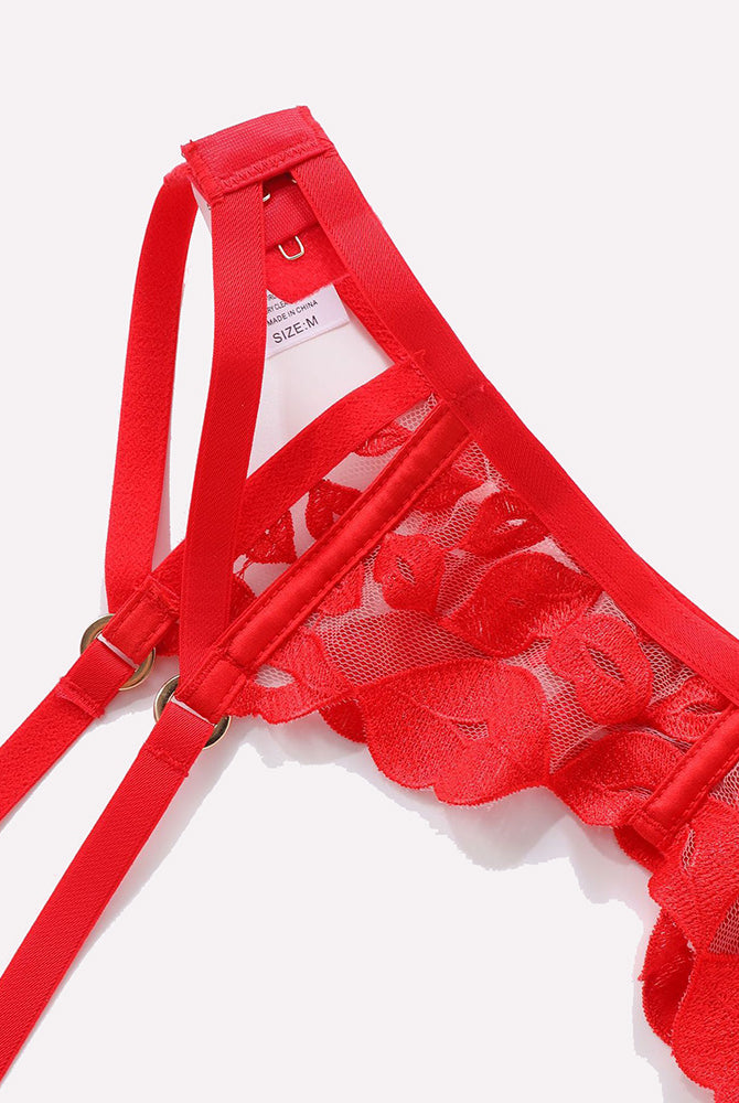 Red Kiss Print Embroidery Lingerie Bra with Adjustable Straps, See-through Design