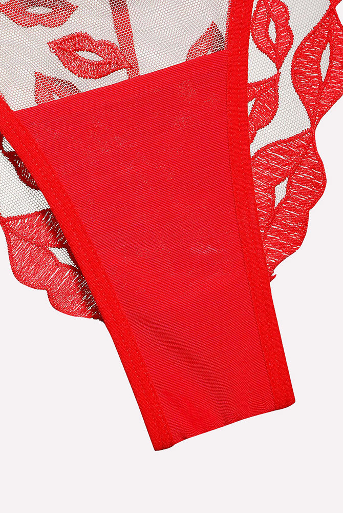 Red Kiss Print Embroidery Lingerie Thong, see-through design with adjustable straps