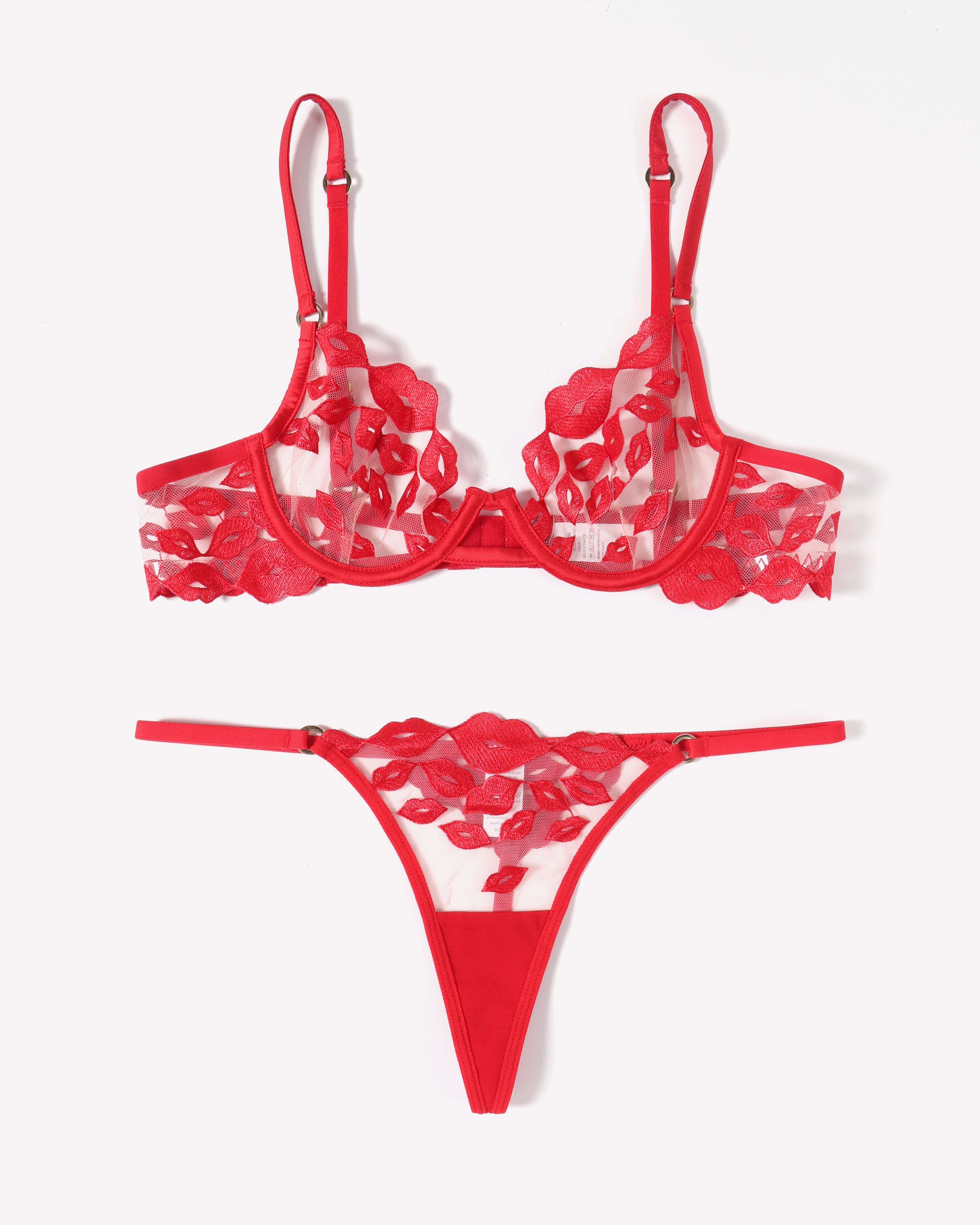 Red Kiss Print Embroidery Lingerie Set - See-through bra and thong with adjustable straps