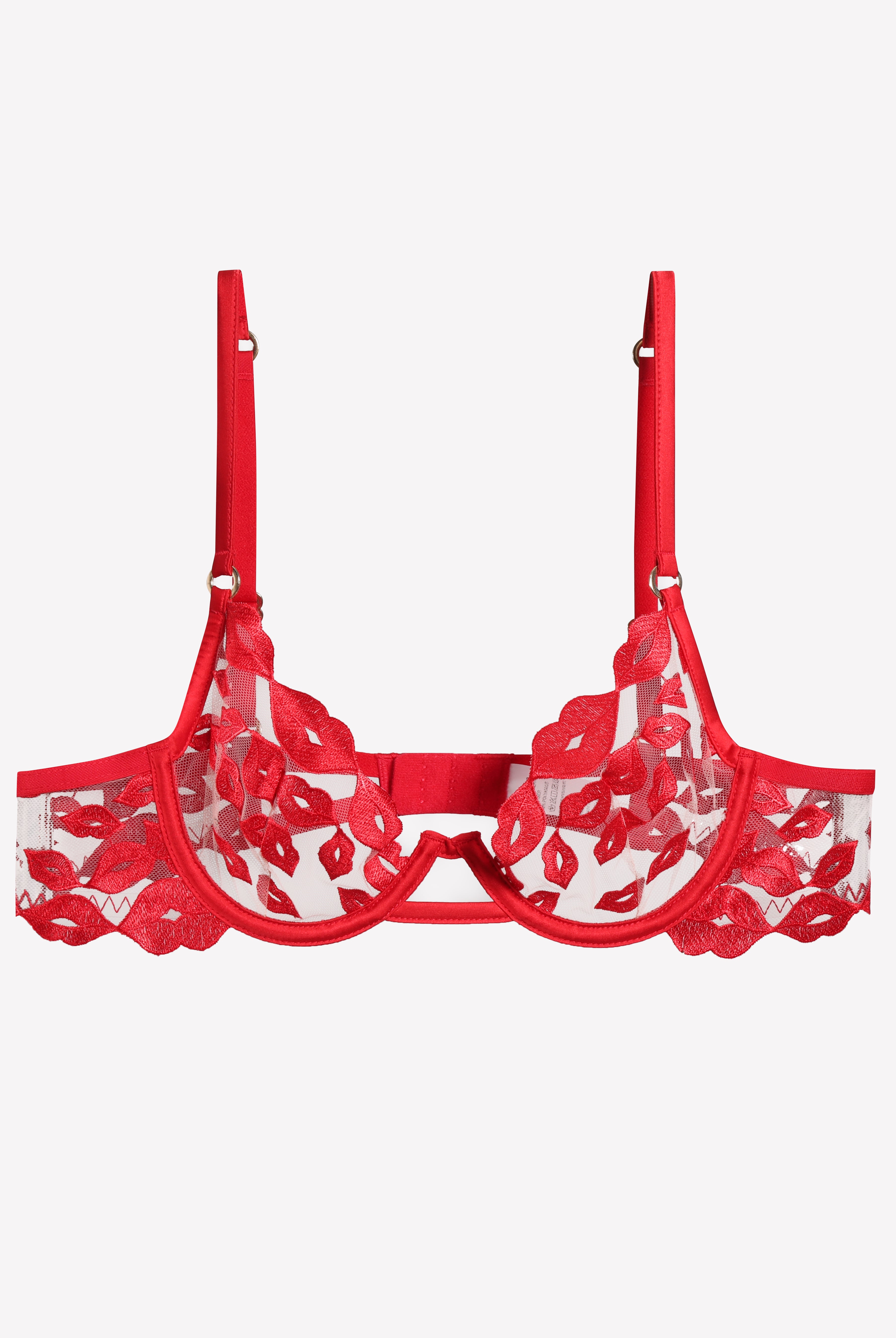 Red Kiss Print Embroidery bra with adjustable straps and embroidered lips, see-through lingerie