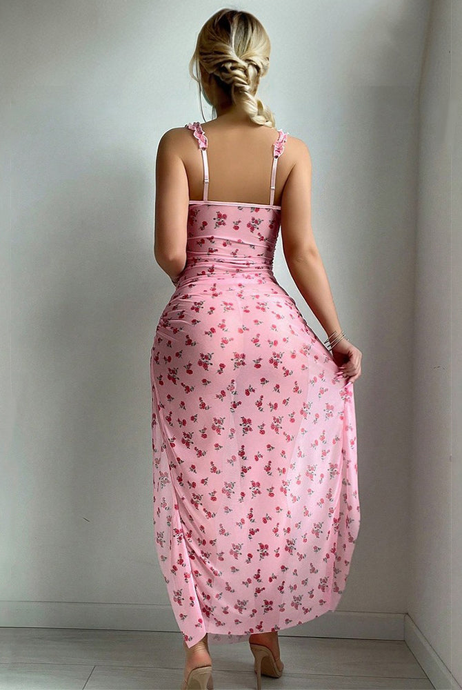 Pink floral underwire split pleated sleep dress, romantic style, perfect for a sensual night.