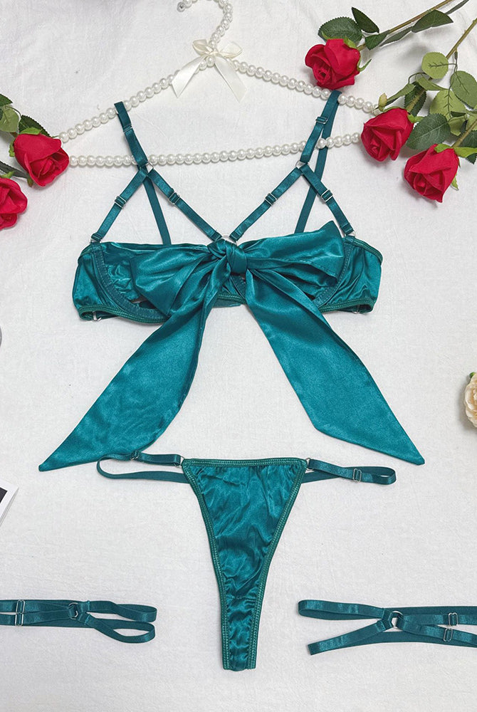 Teal satin strappy garter bow lingerie set, elegant design for confidence and allure