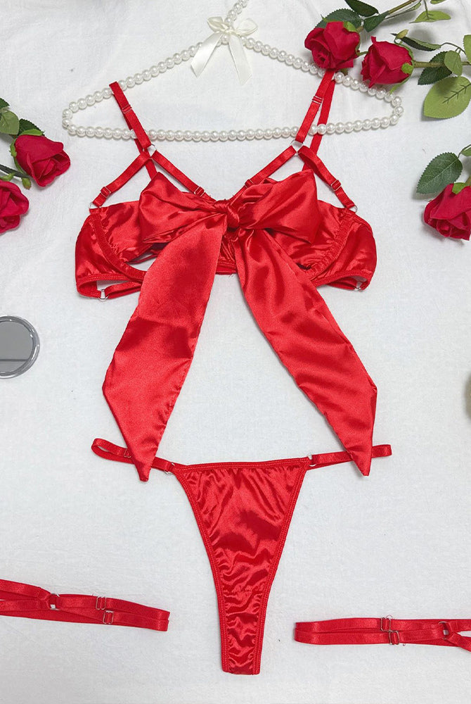 Red satin strappy garter bow lingerie set, elegant design, confident and alluring, Avidlove