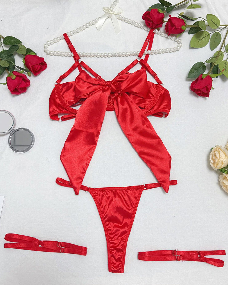 Red satin strappy garter bow lingerie set, elegant design, confident and alluring, Avidlove