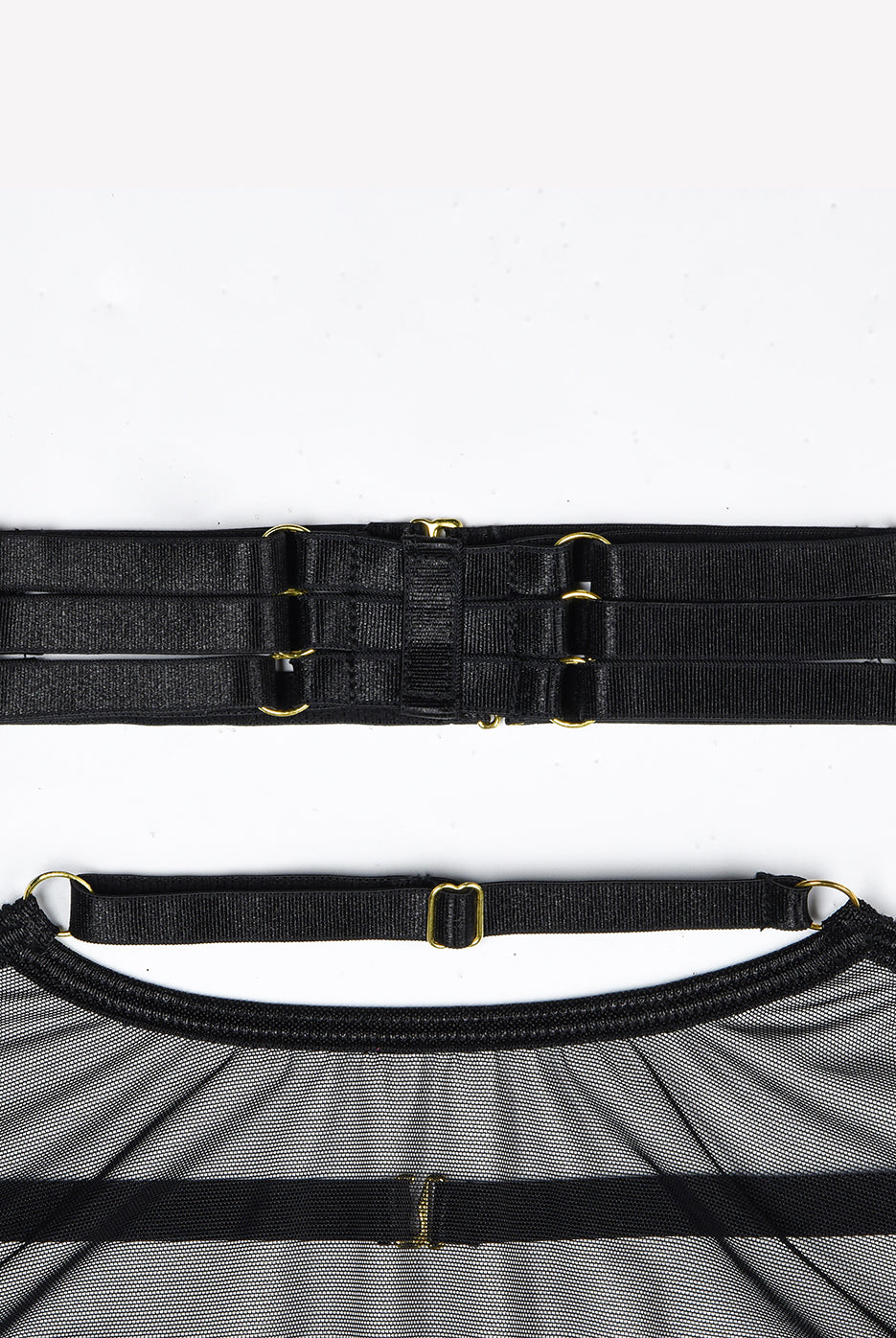 Black sheer mesh lingerie set with adjustable straps and gold hardware. Sexy lingerie for women.