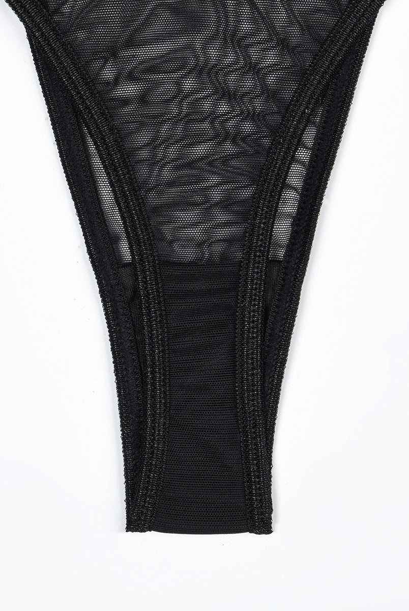 Black sheer mesh thong from a lingerie set, featuring delicate mesh fabric, sexy lingerie for women