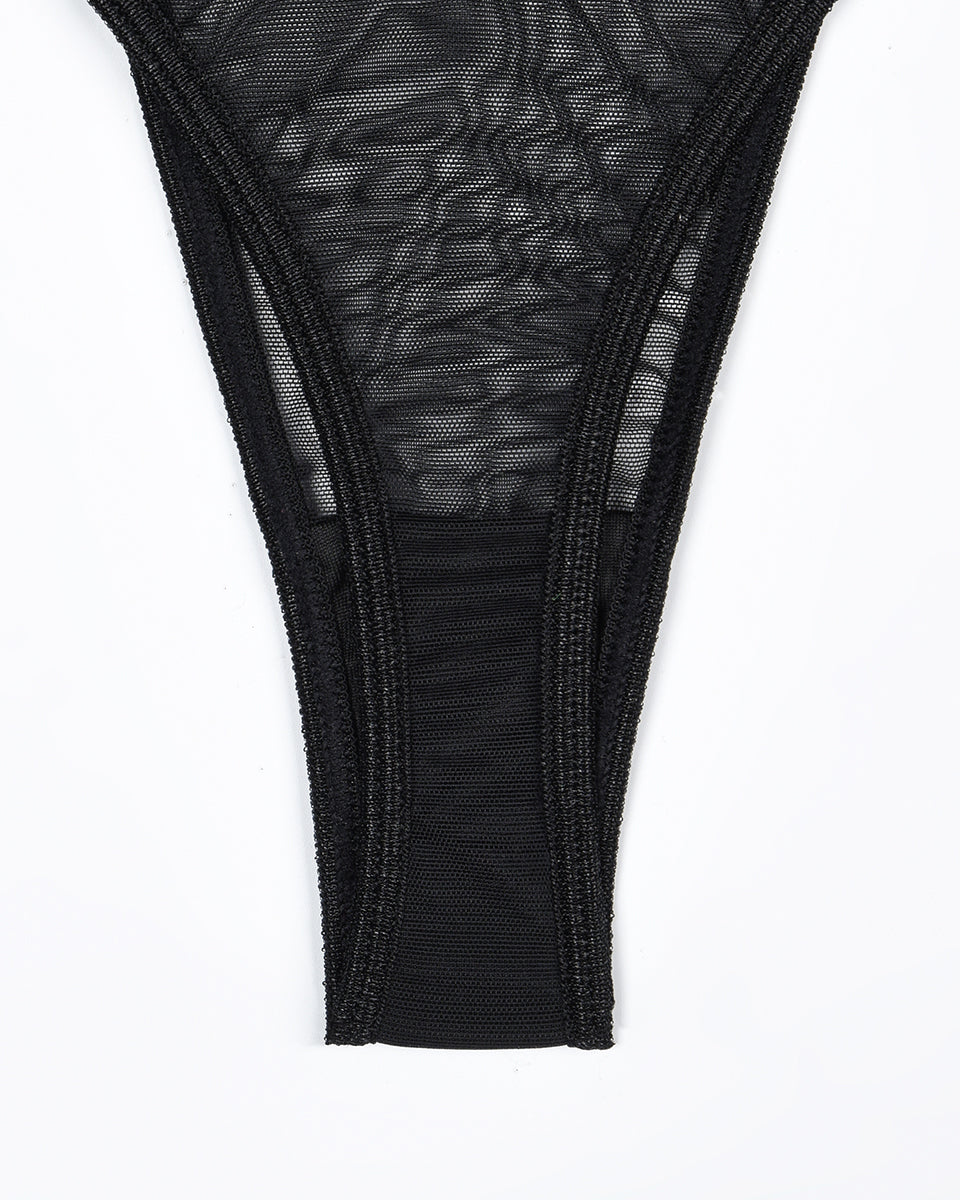Black sheer mesh thong from a lingerie set, featuring delicate mesh fabric, sexy lingerie for women