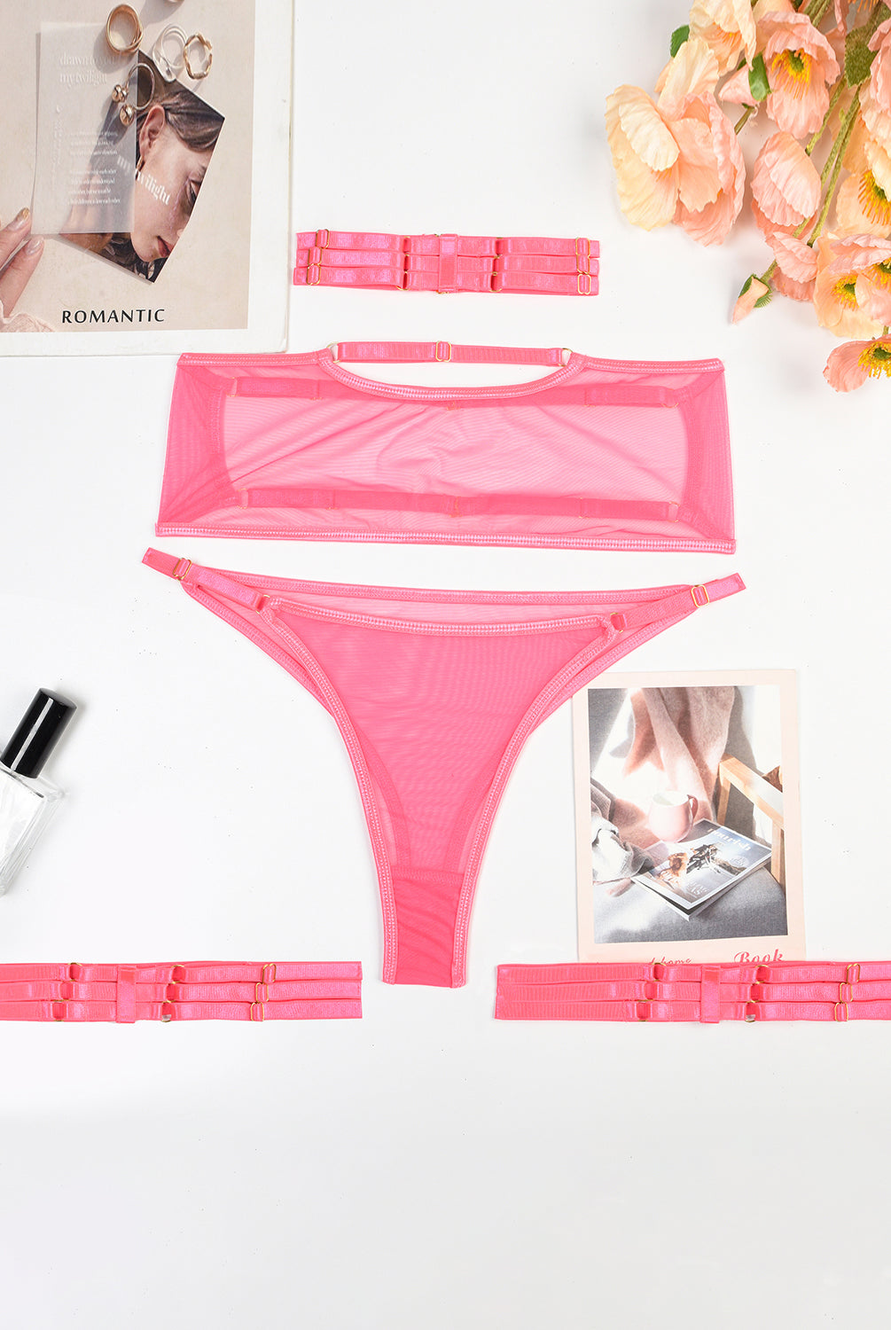 Pink sheer mesh lingerie set with garter belt and choker. Romantic lingerie for women.