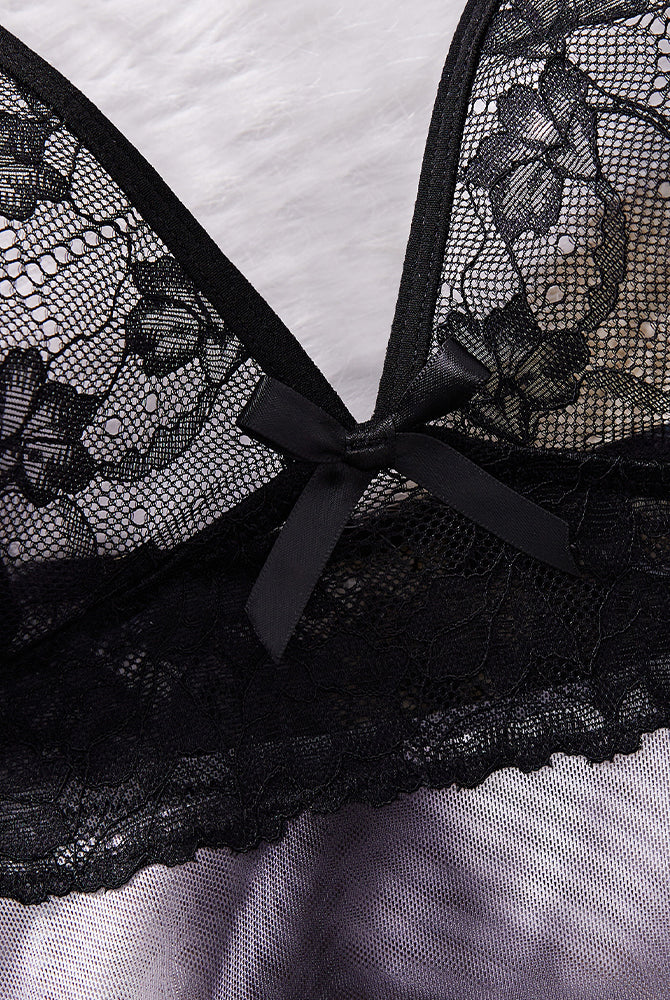 Black lace bralette with bow detail from a Dreamy Gradient Lace Babydoll set. Sensual lingerie.