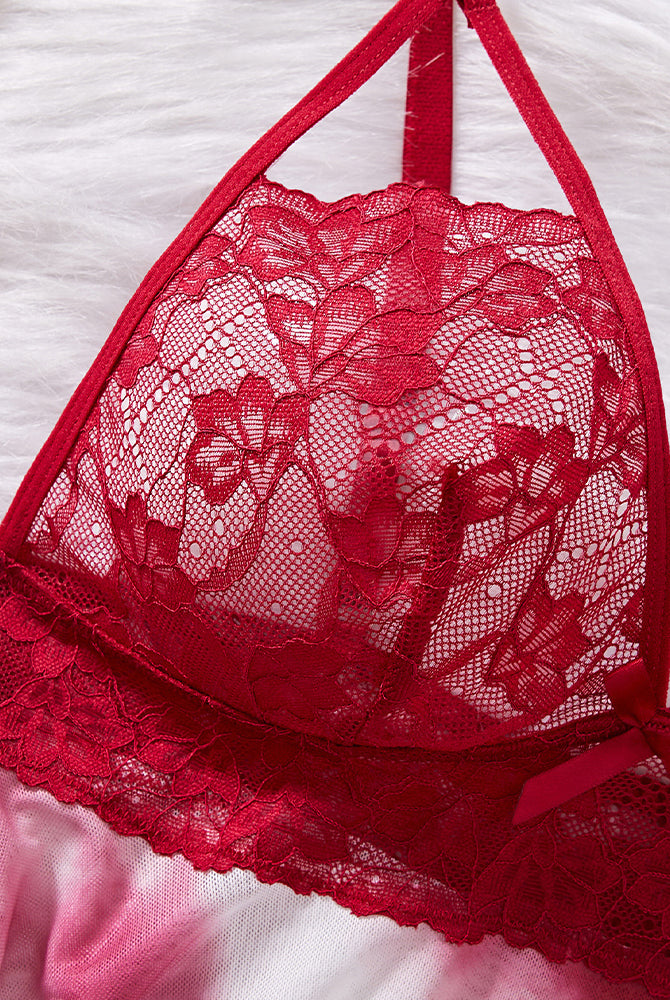 Red lace bralette, Dreamy Gradient Lace Babydoll set. Tie-dye, sensual lingerie.