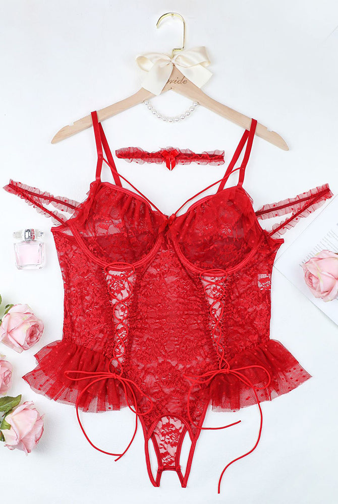 Red lace bodysuit with adjustable straps, floral lace cups, and lace-up detail, plus size lingerie