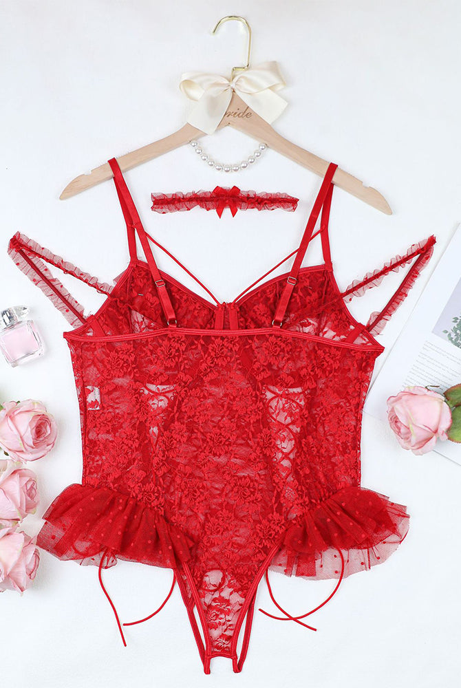 Plus Size Red Lace Bodysuit with Adjustable Straps and Lace-up Detail, Floral Lace Cups