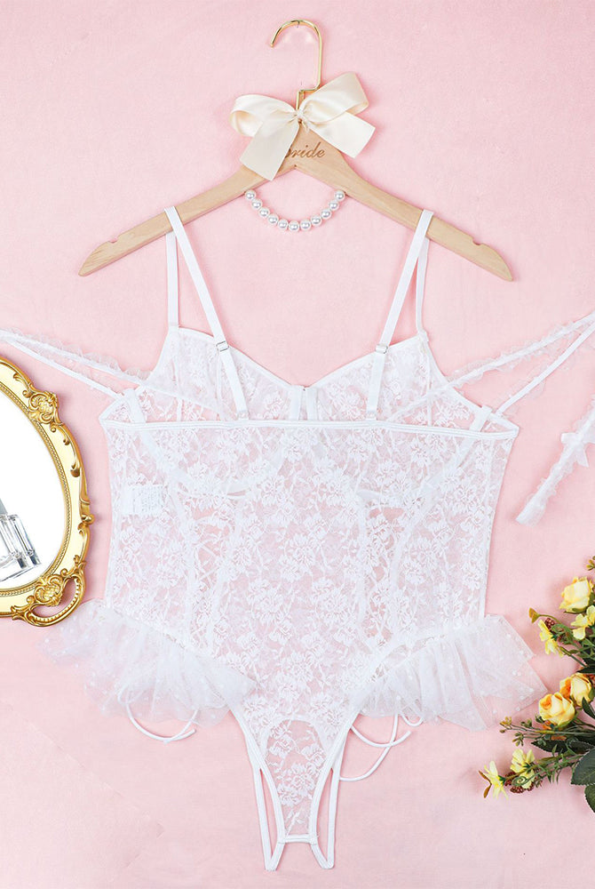 White lace bridal bodysuit, floral lace cups, adjustable straps, bridal lingerie