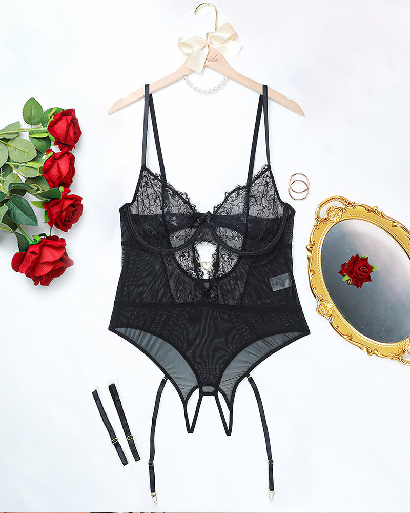 Plus size black floral lace bodysuit set with adjustable straps, elegant lingerie for women