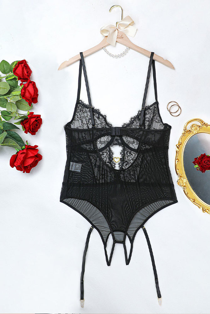 Plus Size Black Floral Lace Bodysuit Set with Adjustable Straps and Garter Straps, Elegant Lingerie