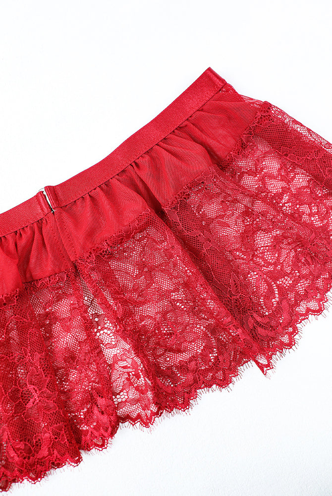 Plus size red floral lace skirt. Sexy lingerie set with adjustable straps and underwire.