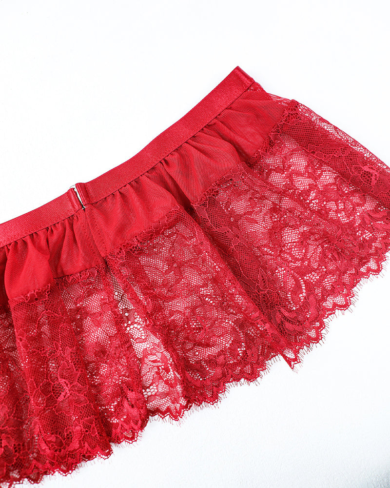 Plus size red floral lace skirt. Sexy lingerie set with adjustable straps and underwire.