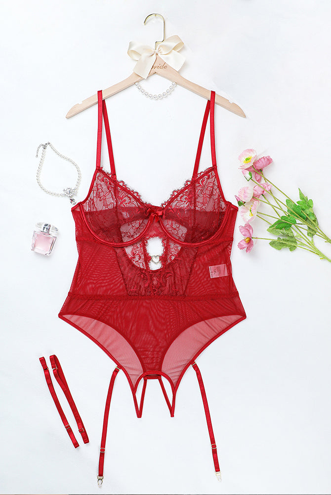 Red floral lace bodysuit set with adjustable straps and underwire. Sexy lingerie for women.