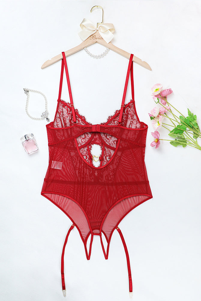 Red floral lace bodysuit set with adjustable straps, elegant lingerie for women, bridal lingerie