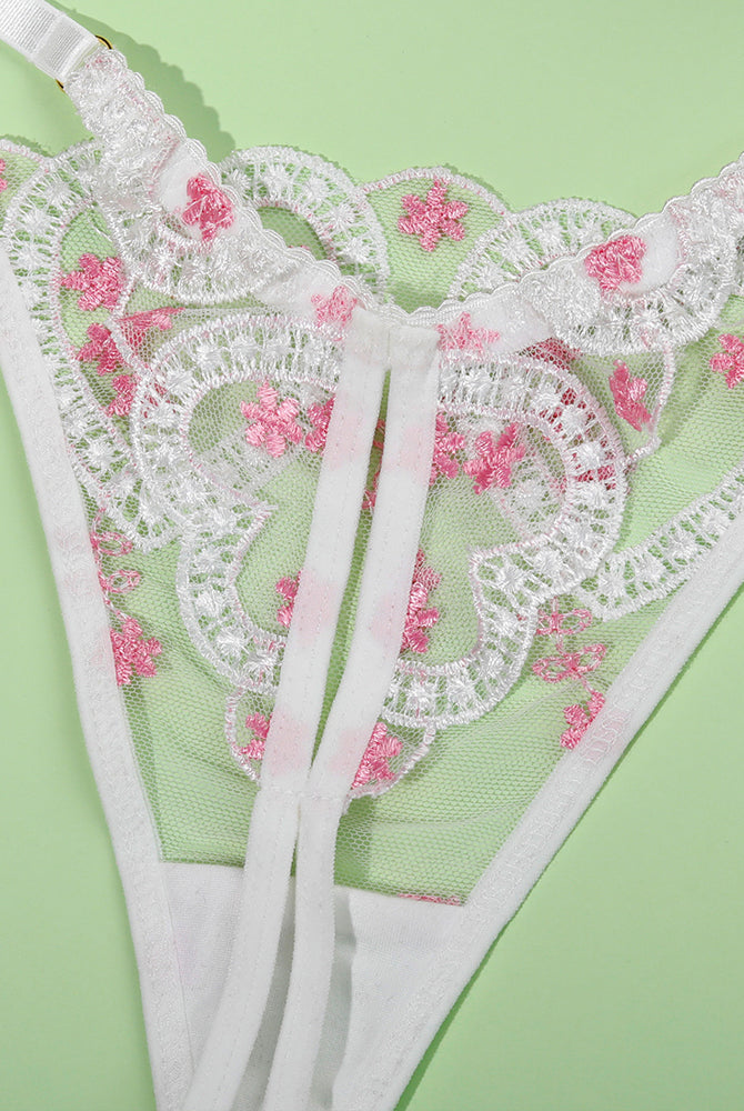 White embroidered heart lace lingerie bottom, pink floral details, adjustable, sweet and seductive