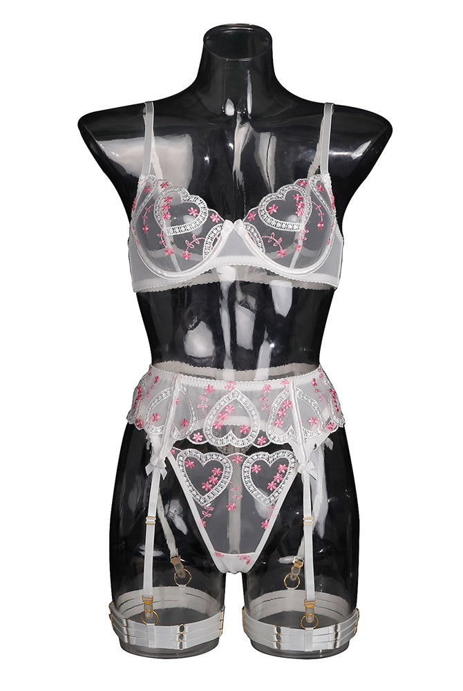 White embroidered lace heart shape lingerie set, sweet and seductive, adjustable straps